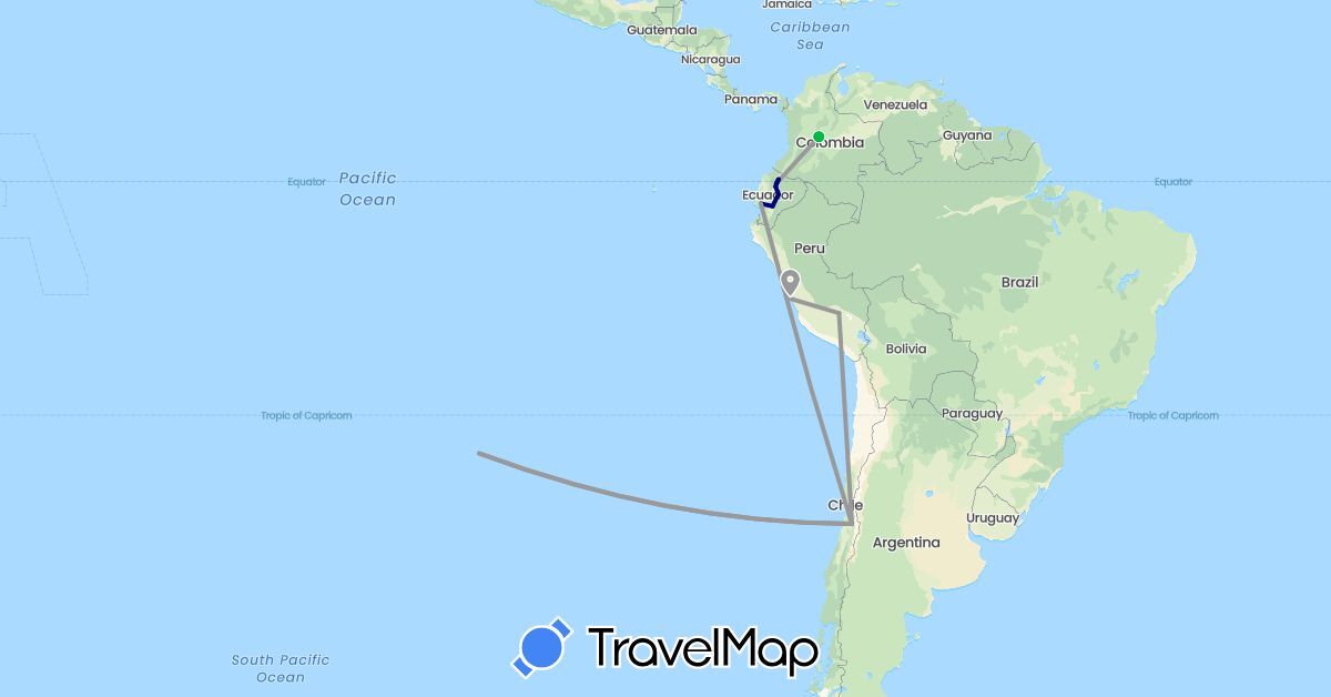 TravelMap itinerary: driving, bus, plane in Chile, Colombia, Ecuador, Peru (South America)